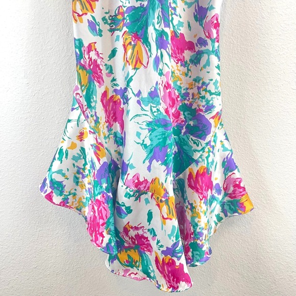 Vintage Cinema Etoile 80s Floral Satin Slip Dress Lace Trim Ruffle Hem Maxi - Picture 3 of 10